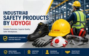 Industrial safety products by Udyogi including helmet, gloves, shoes and PPE equipment supplied by OM Enterprises