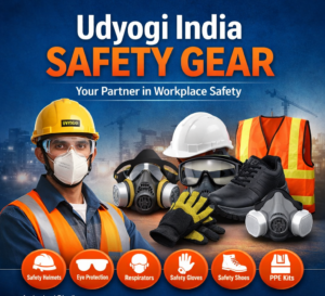 Udyogi India safety gear including helmet, gloves, safety shoes, respirator and PPE kit by OM Enterprises distributor in India