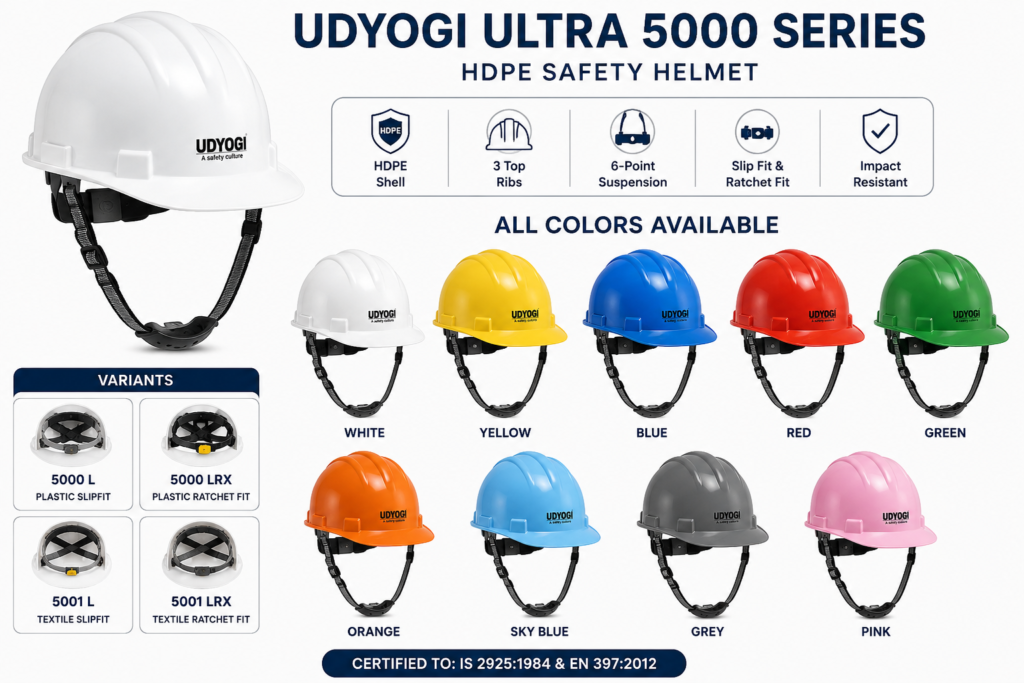 Udyogi Ultra 5000 Series HDPE Safety Helmet with Plastic and Textile Suspension Options