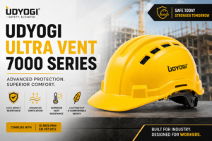 Udyogi Ultra Vent 7000 Series HDPE safety helmet with advanced ventilation, impact resistance, and industrial head protection for construction and manufacturing workers.